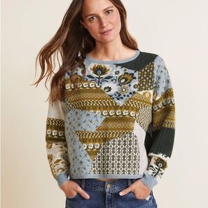 Garnet Hill Women's Blue and Green Patchwork Sweater